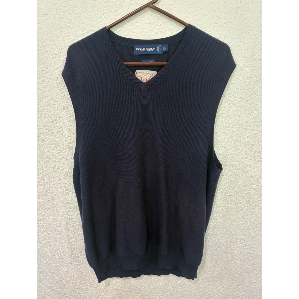 Polo Golf Ralph Lauren Mens Navy Blue Cotton V-Neck Sweater Vest SMU Logo Large